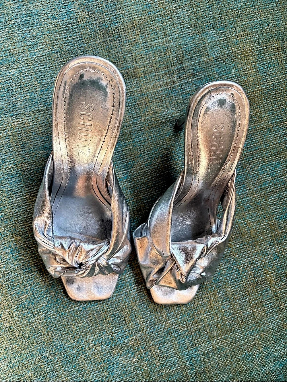 Schutz Silver Ruched Peep-Toe Heels US 7
